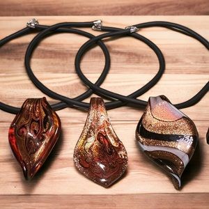 Bundle of 3 - Handmade Vintage Artisan Glass Tear Drop w/ black 16” cord
